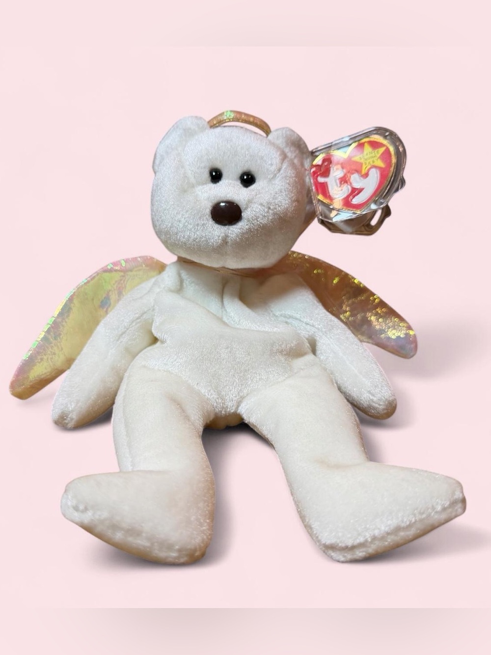Ty White Angel Bear “Halo” Vintage Beanie Baby with Iridescent Gold Wings